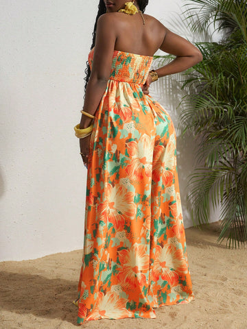 2025 Spring/Summer New Casual Vacation Rope Print Strapless Palazzo Jumpsuit For Women