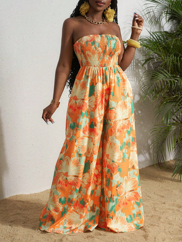 2025 Spring/Summer New Casual Vacation Rope Print Strapless Palazzo Jumpsuit For Women