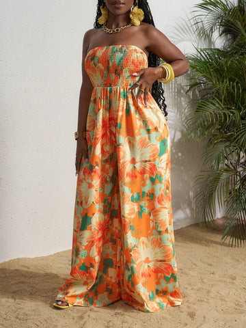 2025 Spring/Summer New Casual Vacation Rope Print Strapless Palazzo Jumpsuit For Women