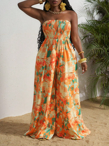 2025 Spring/Summer New Casual Vacation Rope Print Strapless Palazzo Jumpsuit For Women