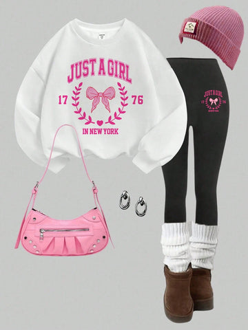 2Pcs Set Casual Simple Loose Round Neck Sweatshirt And Tight Legging Pants