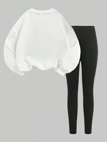 2Pcs Set Casual Simple Loose Round Neck Sweatshirt And Tight Legging Pants