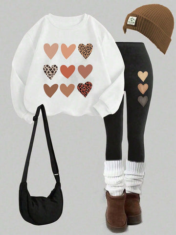 2pcs/Set Casual Heart Pattern Loose Pullover Sweatshirt And Skinny Leggings Pants