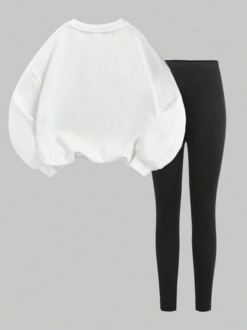 2pcs/Set Casual Heart Pattern Loose Pullover Sweatshirt And Skinny Leggings Pants