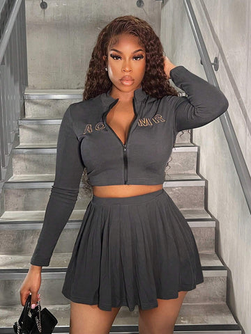 2pcs/Set Casual Letter Print Cropped Top And Mini Skirt, Autumn