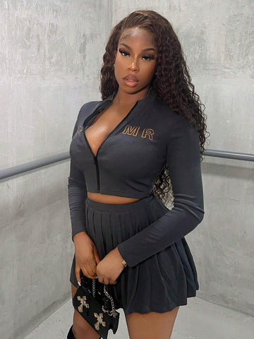 2pcs/Set Casual Letter Print Cropped Top And Mini Skirt, Autumn