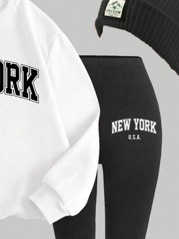 2pcs/Set Casual Loose Crew Neck Sweatshirt And Tight Leggings, Autumn/Winter