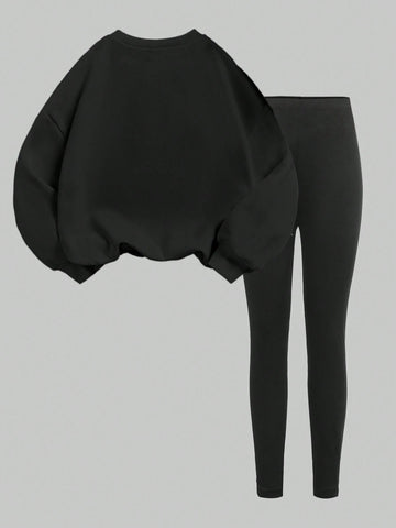 2pcs/Set Casual Racing Pattern Round Neck Sweatshirt And Tight Leggings Set, Autumn/Winter Outfit