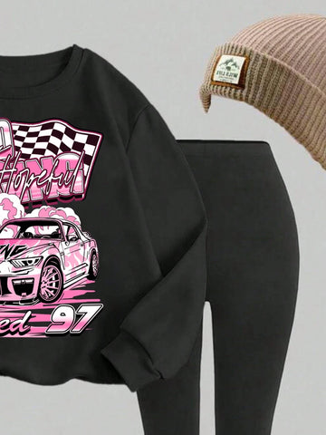 2pcs/Set Casual Racing Pattern Round Neck Sweatshirt And Tight Leggings Set, Autumn/Winter Outfit