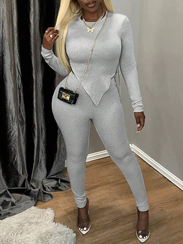 2pcs/Set Solid Color Crew Neck Long Sleeve Simple Casual Top And Pants Set