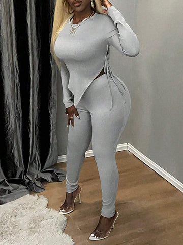 2pcs/Set Solid Color Crew Neck Long Sleeve Simple Casual Top And Pants Set