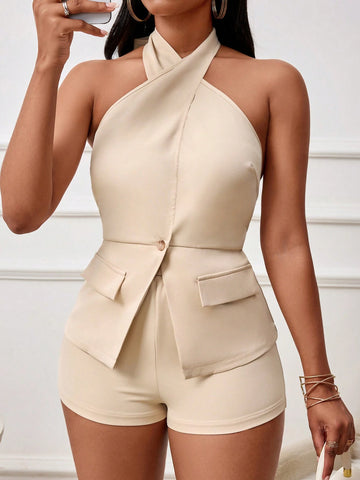 2pcs/Set Summer Casual Criss-Cross Halter Top And Shorts Set