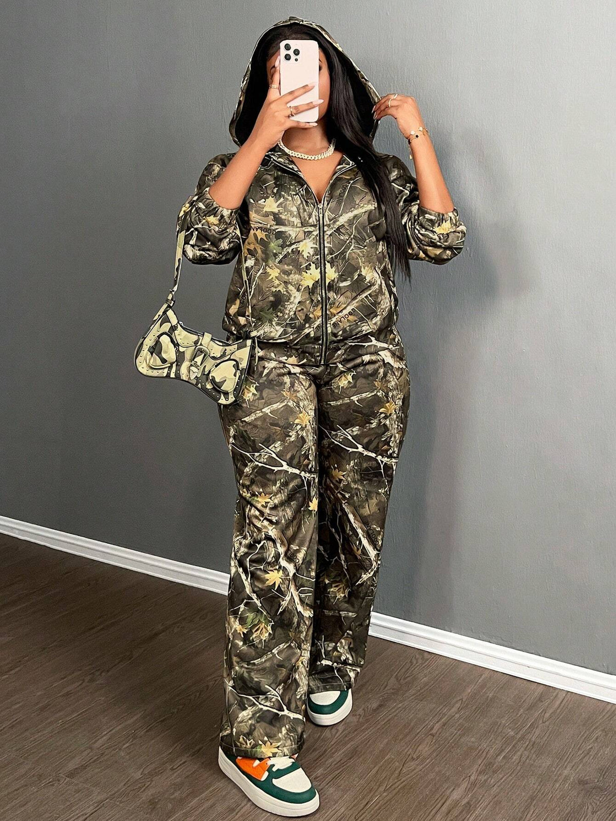 2pcs/Set Women 2024 Autumn Winter Casual Street Floral Camo Print Loose Zip-Up Hooded Jacket And Straight Leg Pants Sweatsuit - B