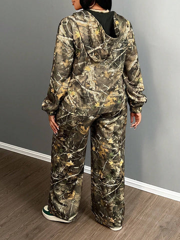 2pcs/Set Women 2024 Autumn Winter Casual Street Floral Camo Print Loose Zip-Up Hooded Jacket And Straight Leg Pants Sweatsuit - B