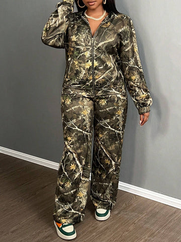 2pcs/Set Women 2024 Autumn Winter Casual Street Floral Camo Print Loose Zip-Up Hooded Jacket And Straight Leg Pants Sweatsuit - B