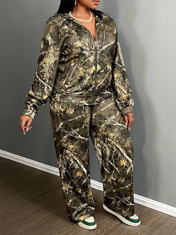 2pcs/Set Women 2024 Autumn Winter Casual Street Floral Camo Print Loose Zip-Up Hooded Jacket And Straight Leg Pants Sweatsuit - B