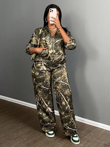 2pcs/Set Women 2024 Autumn Winter Casual Street Floral Camo Print Loose Zip-Up Hooded Jacket And Straight Leg Pants Sweatsuit - B