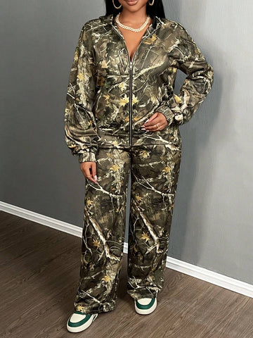 2pcs/Set Women 2024 Autumn Winter Casual Street Floral Camo Print Loose Zip-Up Hooded Jacket And Straight Leg Pants Sweatsuit - B