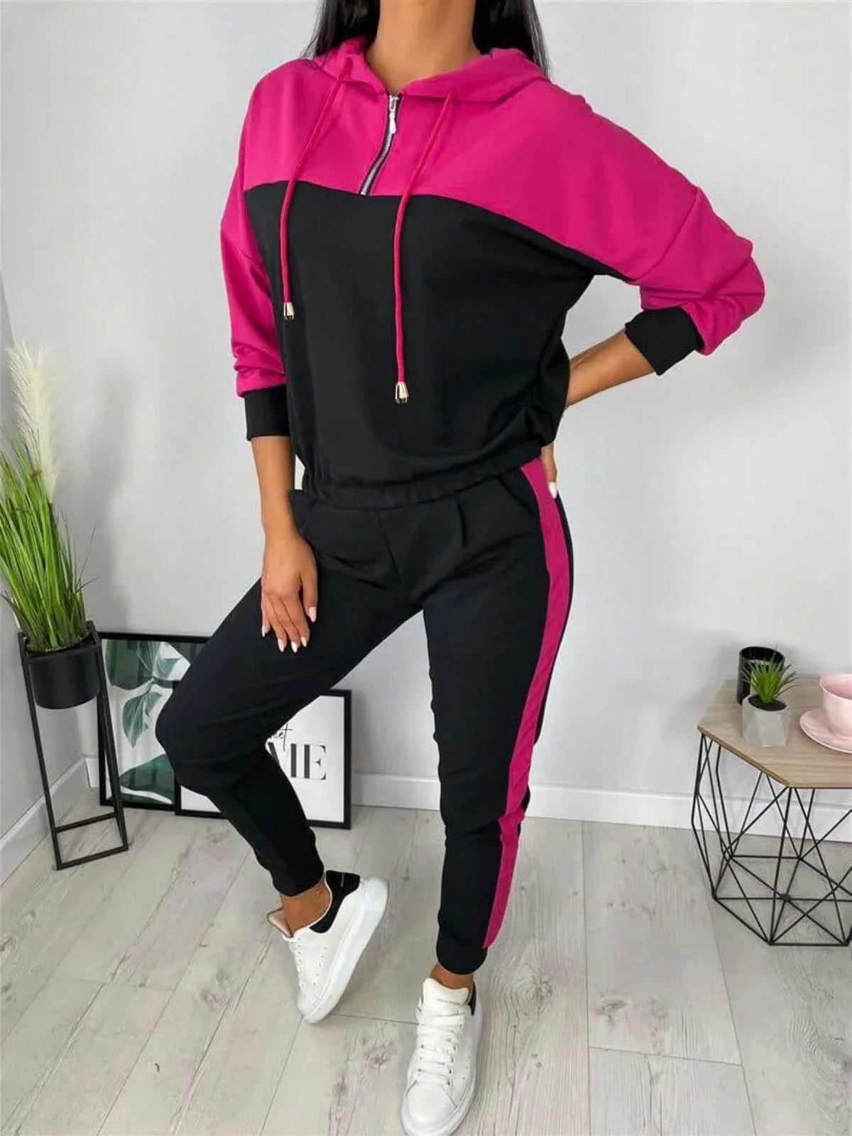 2pcs/Set Women Regular Fit Contrast Color Long Sleeve Hooded Sweatshirt And Pants Sports Outfit With Cuffed Hems