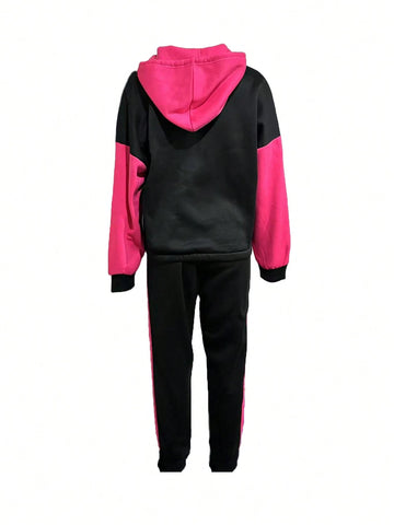 2pcs/Set Women Regular Fit Contrast Color Long Sleeve Hooded Sweatshirt And Pants Sports Outfit With Cuffed Hems