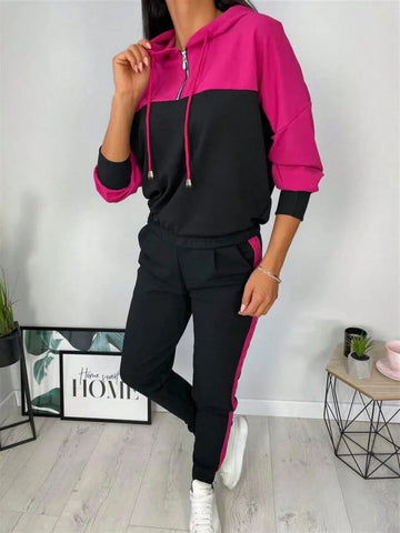 2pcs/Set Women Regular Fit Contrast Color Long Sleeve Hooded Sweatshirt And Pants Sports Outfit With Cuffed Hems