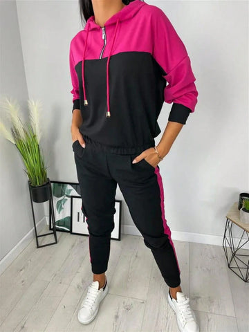 2pcs/Set Women Regular Fit Contrast Color Long Sleeve Hooded Sweatshirt And Pants Sports Outfit With Cuffed Hems