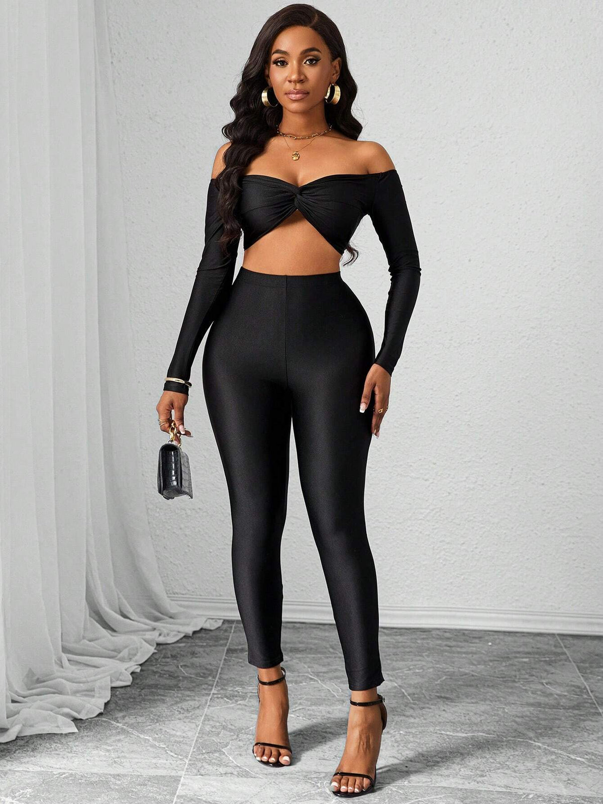 2pcs/Set Women Solid Color Fitted Casual Open Shoulder Blouse & Pants Set