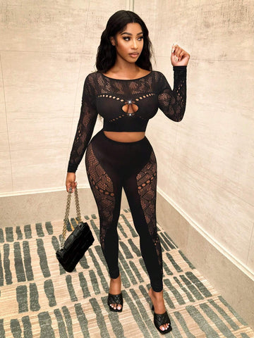 2pcs/Set Women's Solid Color Contrast Lace Sexy Mesh Lingerie