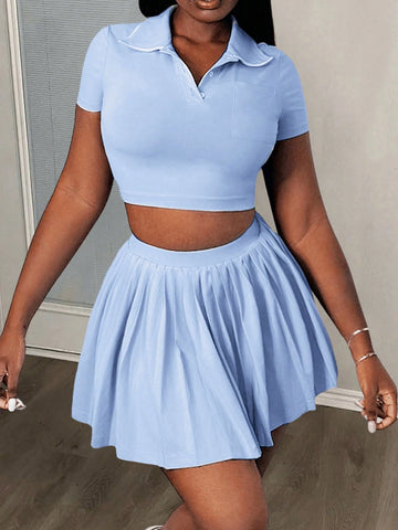 2pcs 2024 New Casual Baby Blue & White Tennis Short Top And Skirt Set