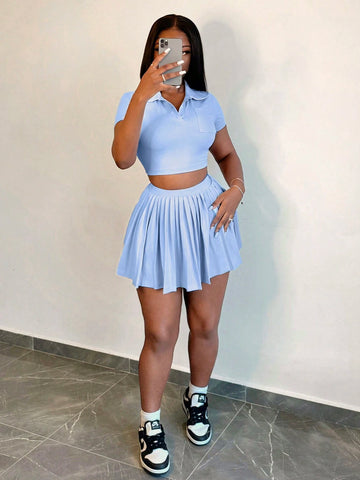 2pcs 2024 New Casual Baby Blue & White Tennis Short Top And Skirt Set