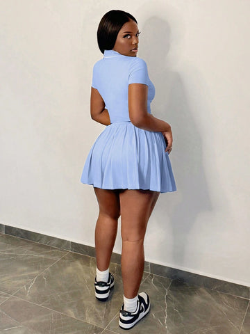 2pcs 2024 New Casual Baby Blue & White Tennis Short Top And Skirt Set