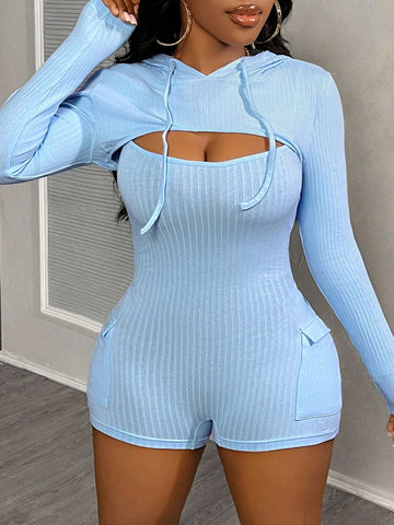 2pcs Casual Set 2024 New Hooded Long Sleeve Cropped Top & Bib Pocket Skinny Romper For Women