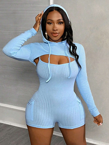 2pcs Casual Set 2024 New Hooded Long Sleeve Cropped Top & Bib Pocket Skinny Romper For Women
