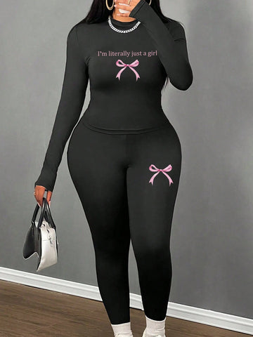 2pcs Set Women Casual Minimalist Bow Knit Long Sleeve Skinny Top