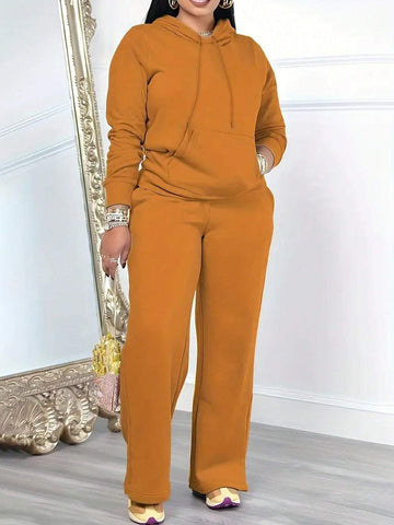 2pcs Women Solid Long Sleeve Hooded Top With Pocket And Pants Set
