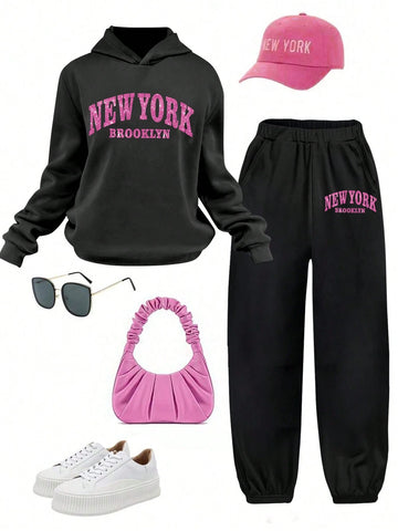 2pcs Women's Casual Hooded Sweatshirt And Sweatpants Set