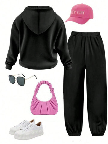 2pcs Women's Casual Hooded Sweatshirt And Sweatpants Set