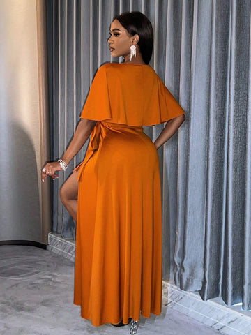 Adult Bridesmaid High Slit Dress With Ruffle Trim