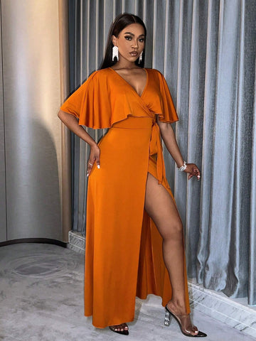 Adult Bridesmaid High Slit Dress With Ruffle Trim