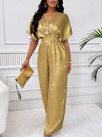 Allover Glossy Glitter Fabric, Elegant And Casual For Commuting, Batwing Sleeved Belted Jumpsuit