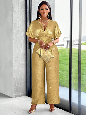 Allover Glossy Glitter Fabric, Elegant And Casual For Commuting, Batwing Sleeved Belted Jumpsuit