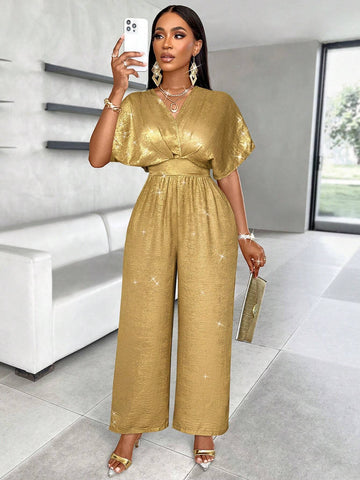 Allover Glossy Glitter Fabric, Elegant And Casual For Commuting, Batwing Sleeved Belted Jumpsuit