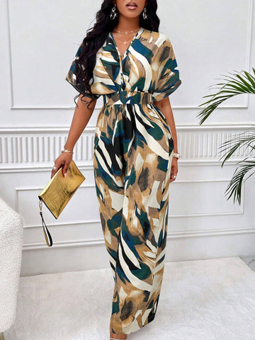 Allover Print Batwing Sleeve Belted Jumpsuit For Summer