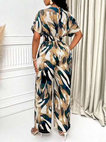 Allover Print Batwing Sleeve Belted Jumpsuit For Summer