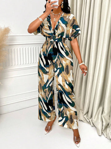 Allover Print Batwing Sleeve Belted Jumpsuit For Summer
