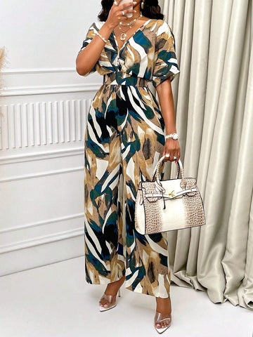 Allover Print Batwing Sleeve Belted Jumpsuit For Summer
