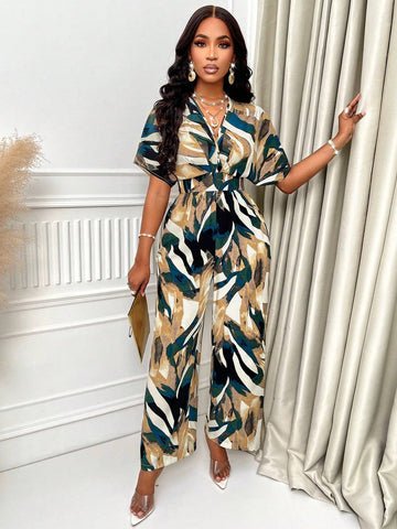 Allover Print Batwing Sleeve Belted Jumpsuit For Summer