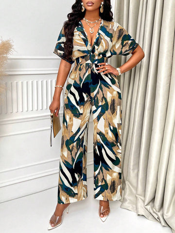Allover Print Batwing Sleeve Belted Jumpsuit For Summer