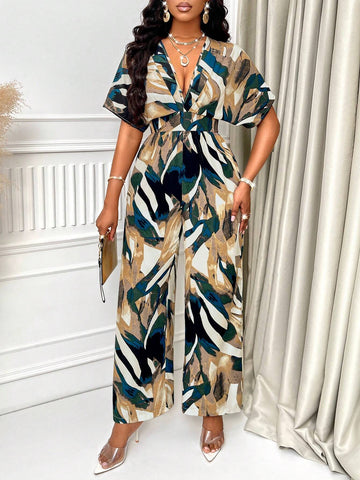 Allover Print Batwing Sleeve Belted Jumpsuit For Summer