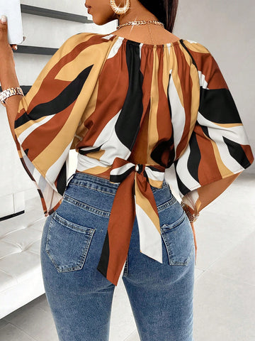 Slayr Allover Print Raglan Sleeve Tie Back Blouse, Mid-Length Sleeve Truncated Blouse (Random Floral Pattern)